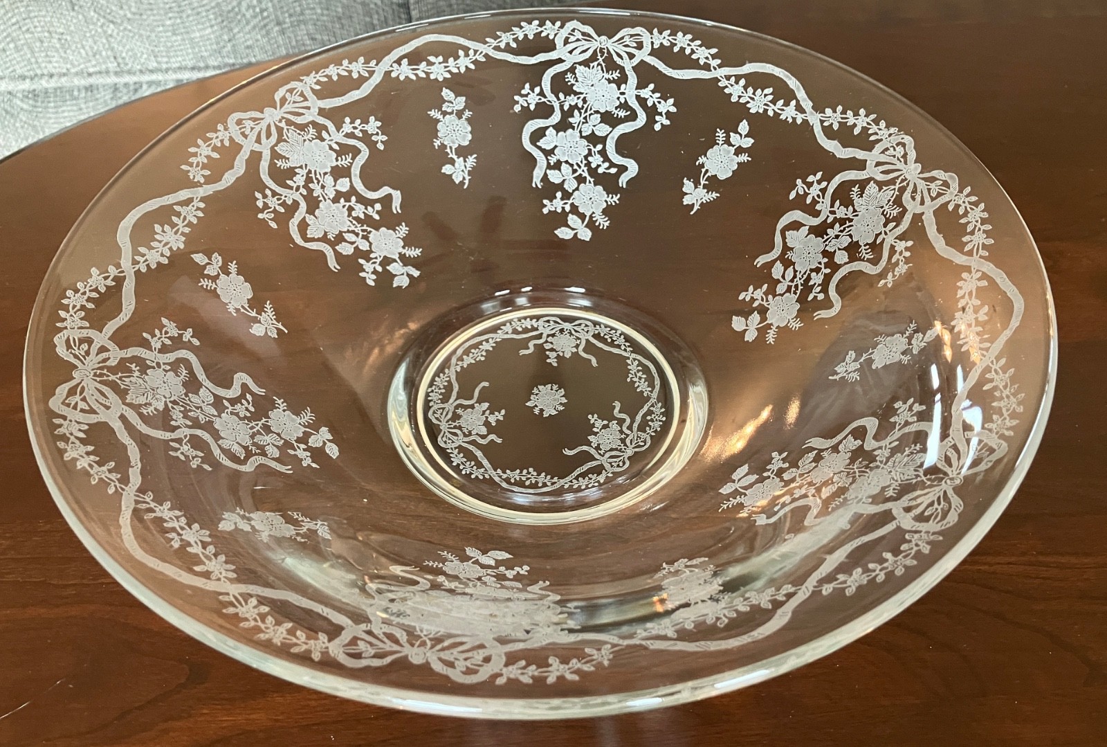 Vintage Flared Fostoria Romance Pattern 12" Glass Etched Serving Bowl Very Nice!