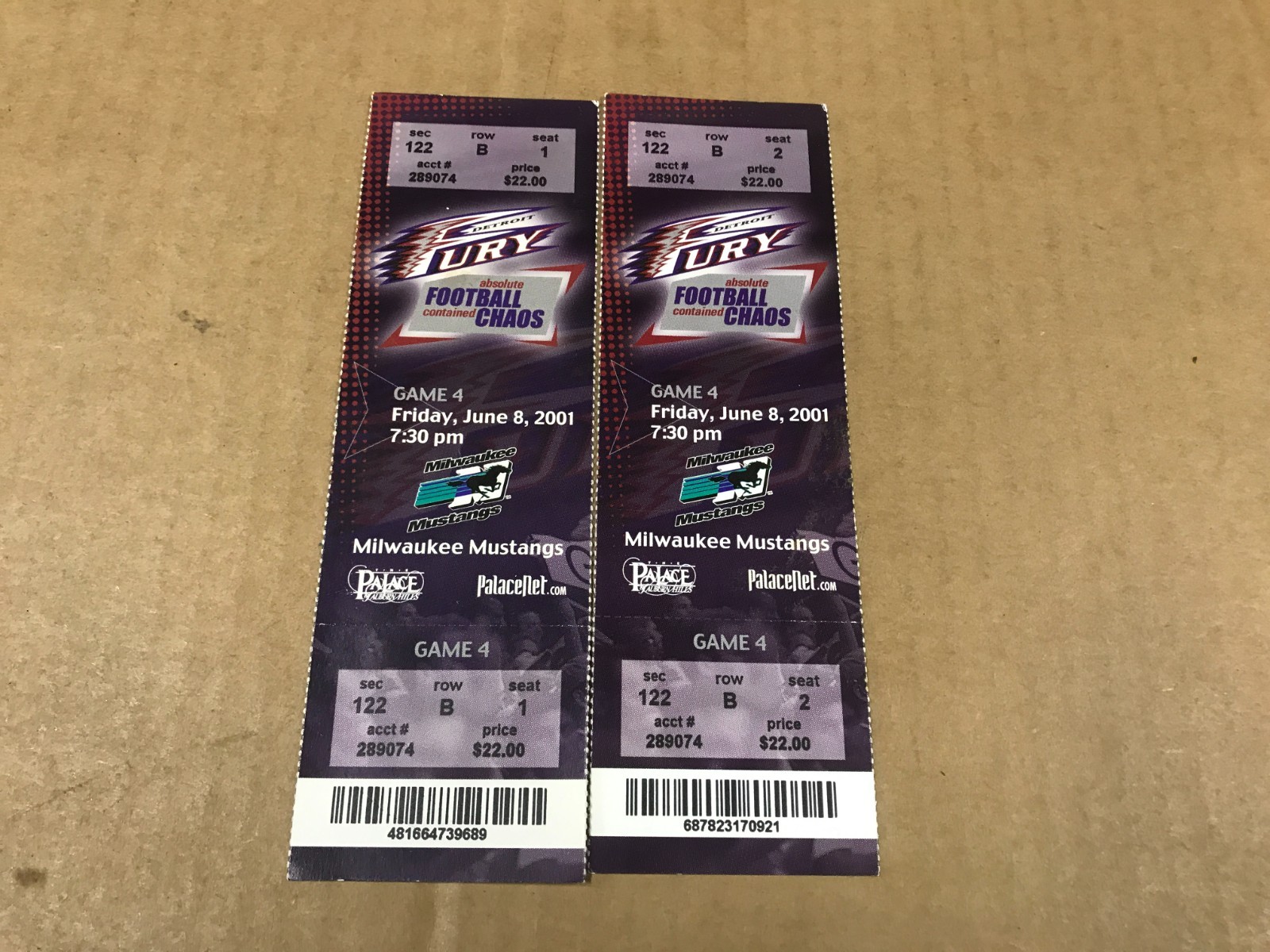 Detroit Fury Vs. Milwaukee Mustangs - Lot Of 2 Game Ticket Stubs - June 8, 2001