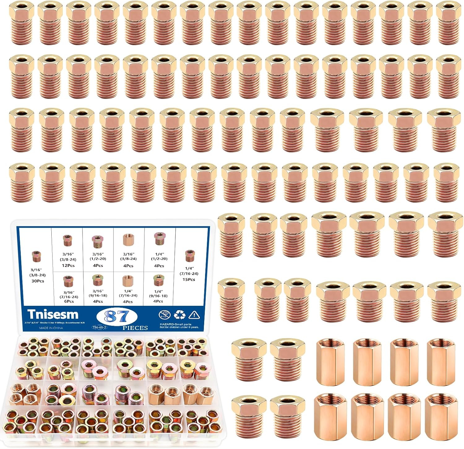 87Pcs 3/16" & 1/4" Brake Line Fittings Assortment Kit,3/8 Inch-24 Threads Nuts a