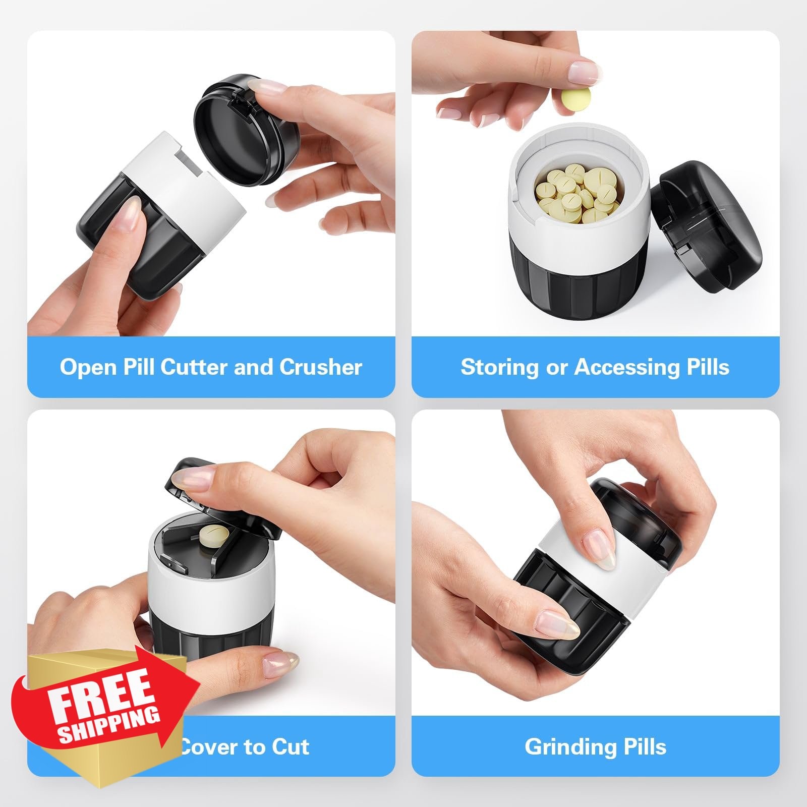 DEPAD 3-in-1 Pill Crusher Cutter Grinder Storage Blue Stainless Steel
