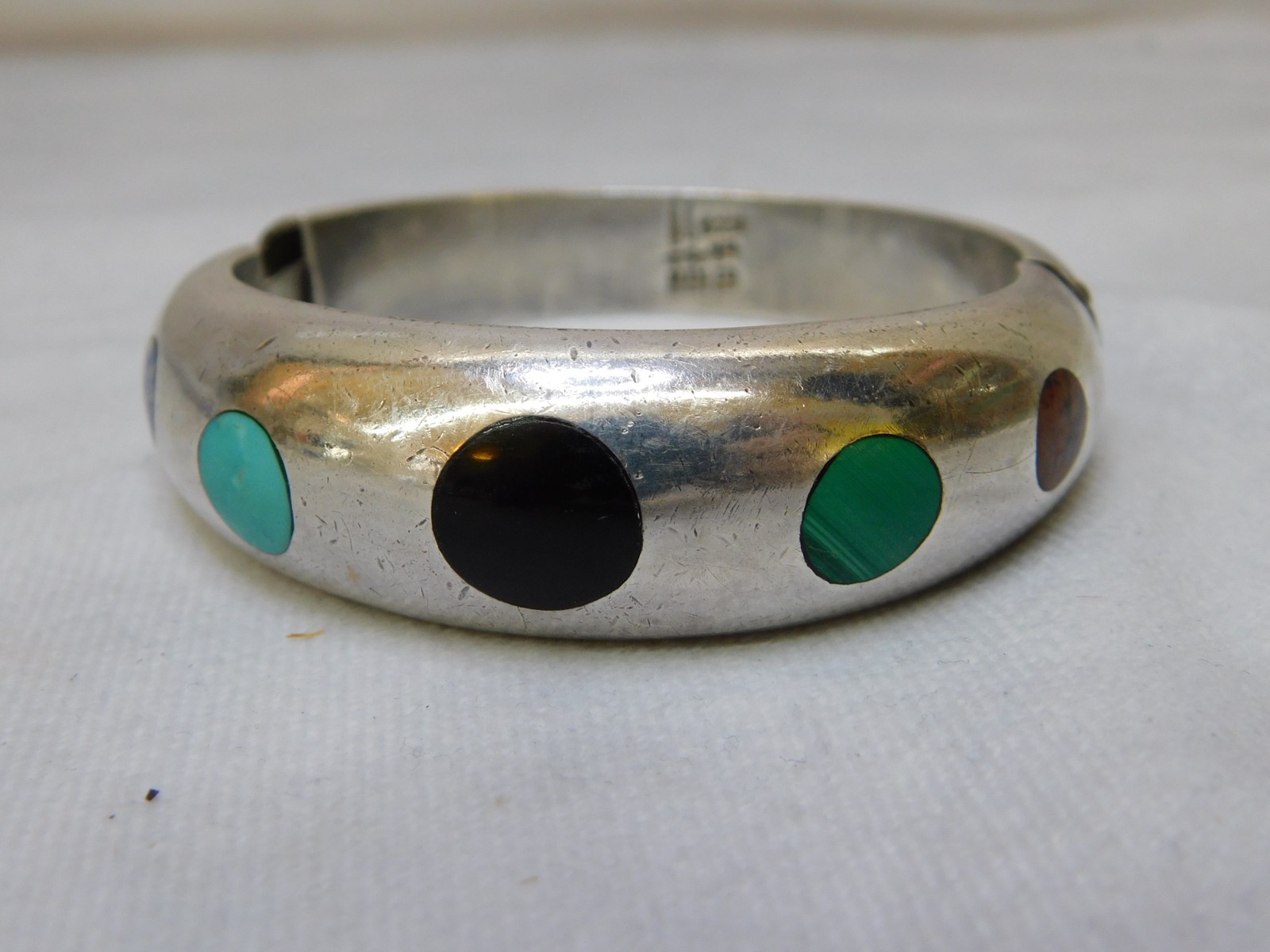 Vintage Mexico Taxco Sterling Bracelet w/ Round Stones, Onyx Turquoise etc. 70g