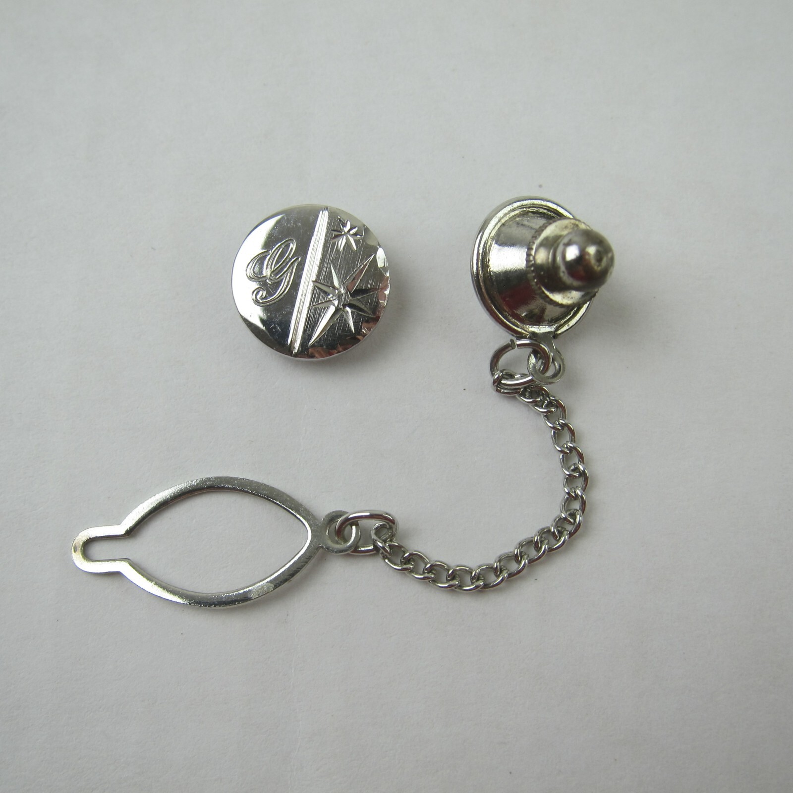 Vintage Tie Tack Lapel Pin Monogram Letter G Initial & Stars Circle Silver tone