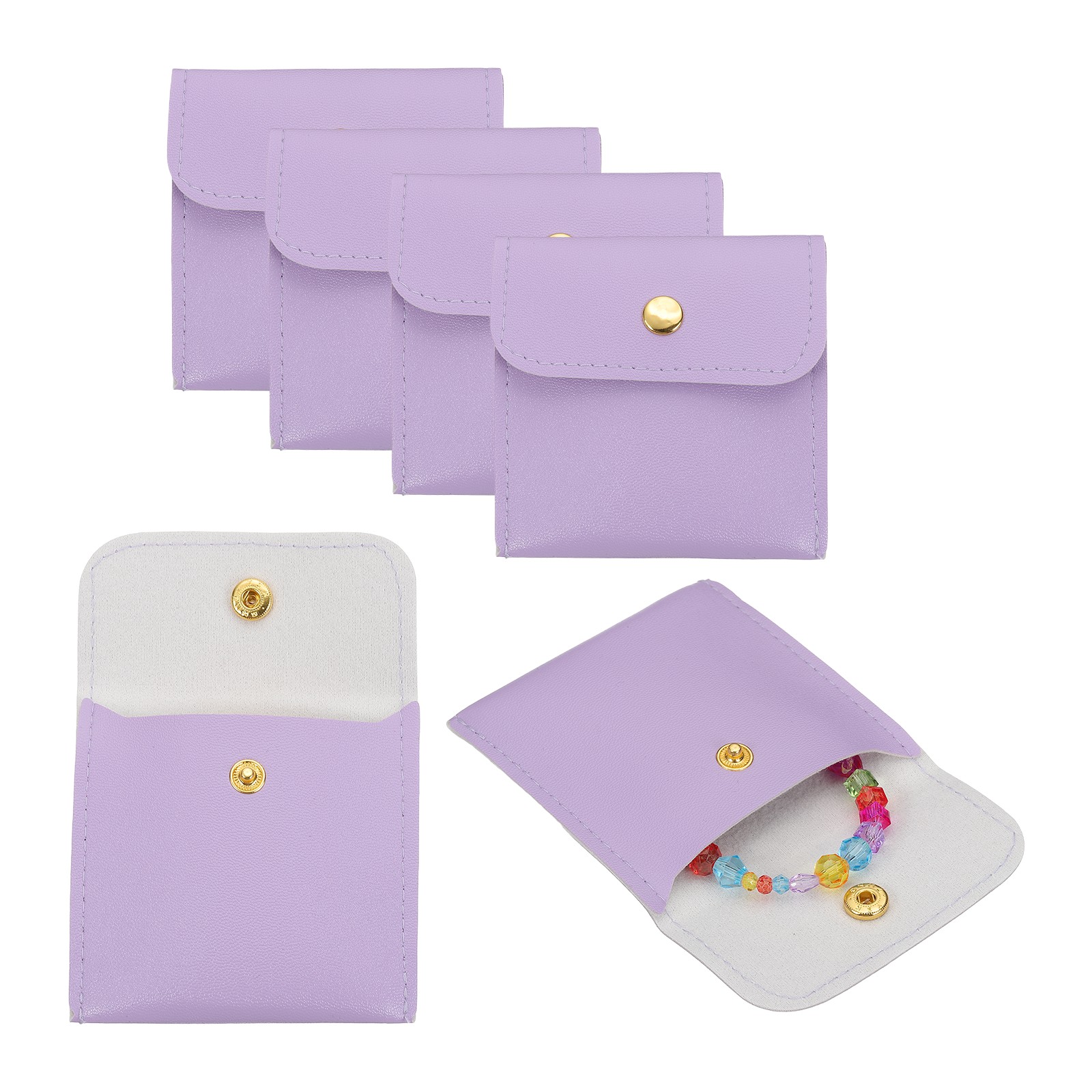 PU Leather Jewelry Bag, 6Pcs Jewelry Pouch with Snap Button (Lavender Purple)