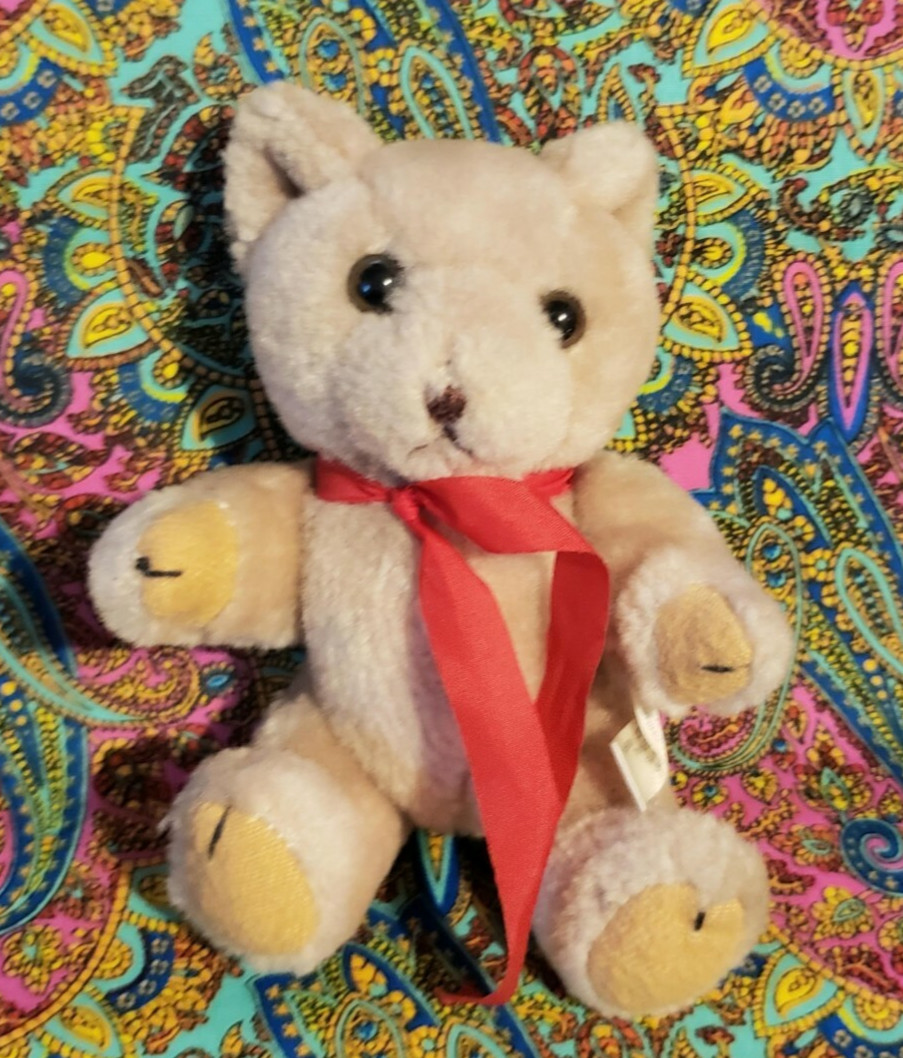 Vintage 1990's Light Brown Jointed 5" Mini Plush Bear With Red Ribbon Lixin Co