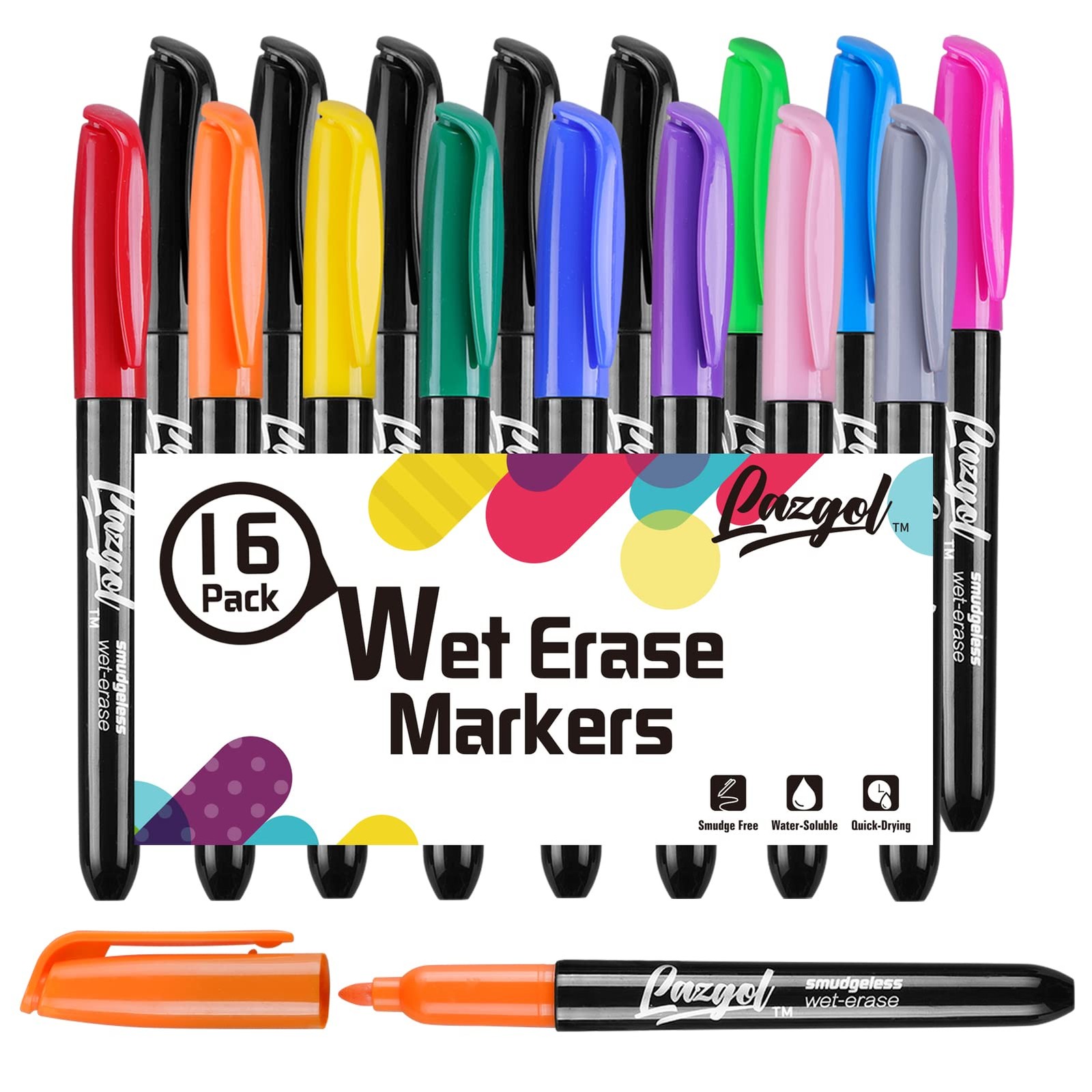 LAZGOL Wet Erase Markers, Bulk Pack of 16 1 Count (Pack 16), Multicolor 