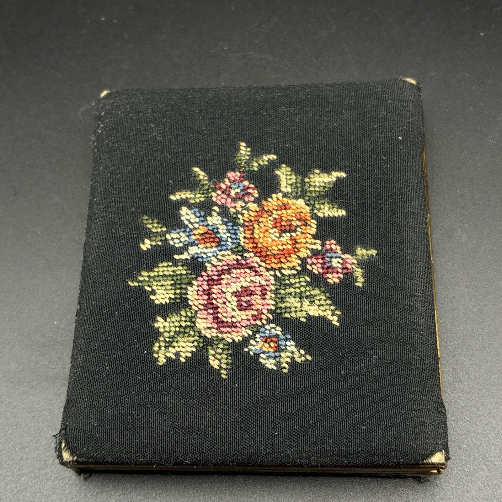 Vintage Empty Powder Mirrored Compact Petite Point Floral On Black Top Square