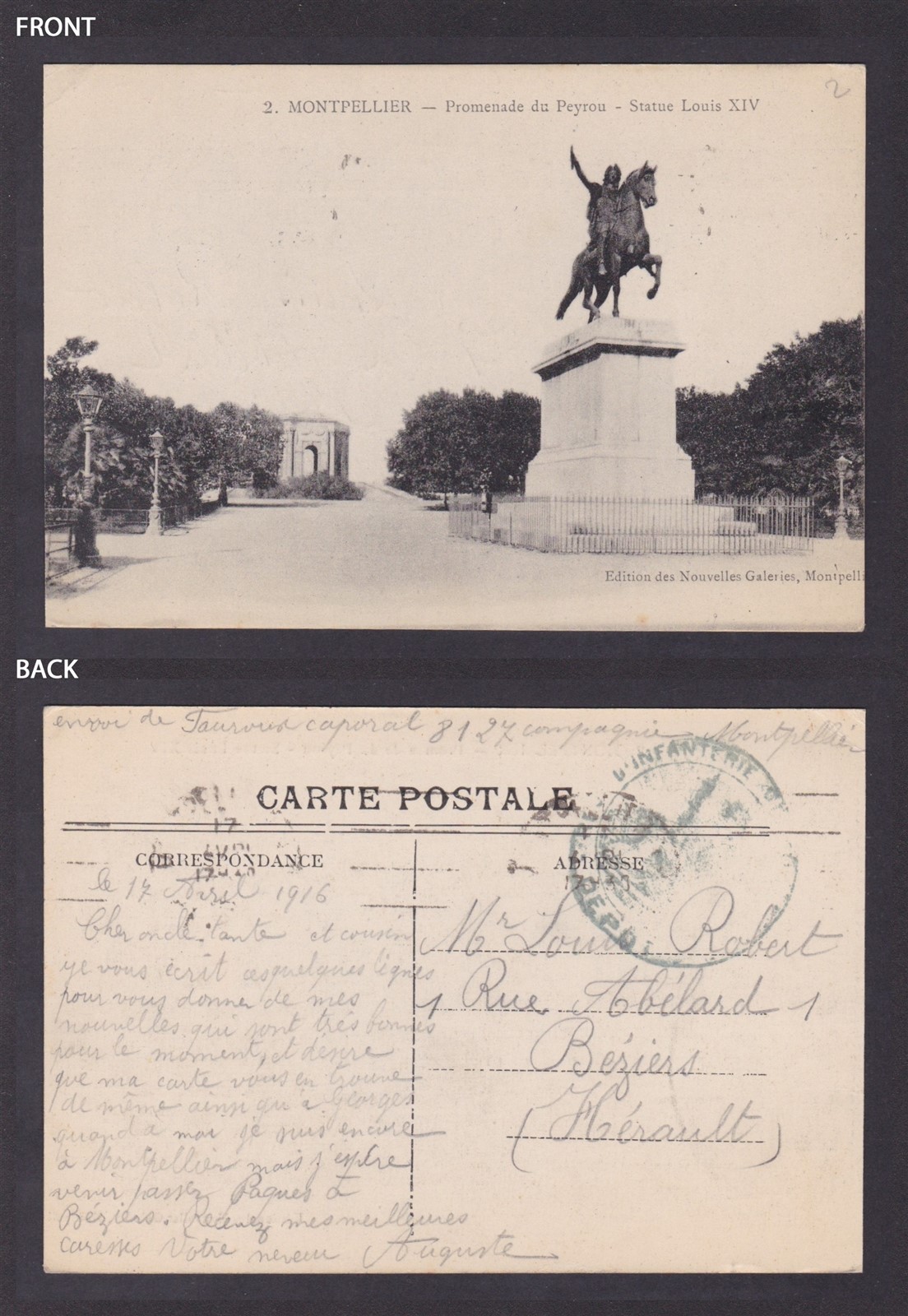 FRANCE, Postcard, Montpellier, Promenade du Peyrou, Statue Louis XIV, Posted