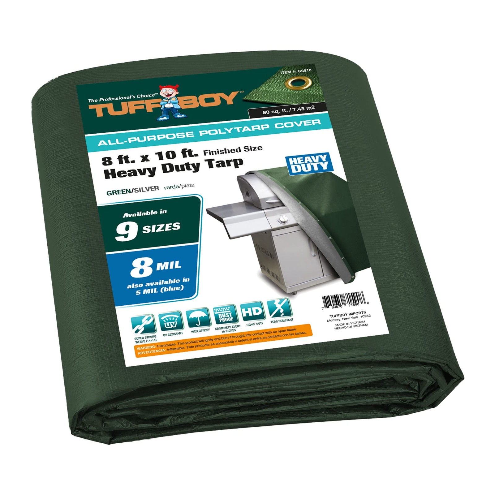 TUFFBOY 8x10 Waterproof Tarp – 8 MIL Heavy-Duty 8 X 10, Green/Silver-8 Mil 