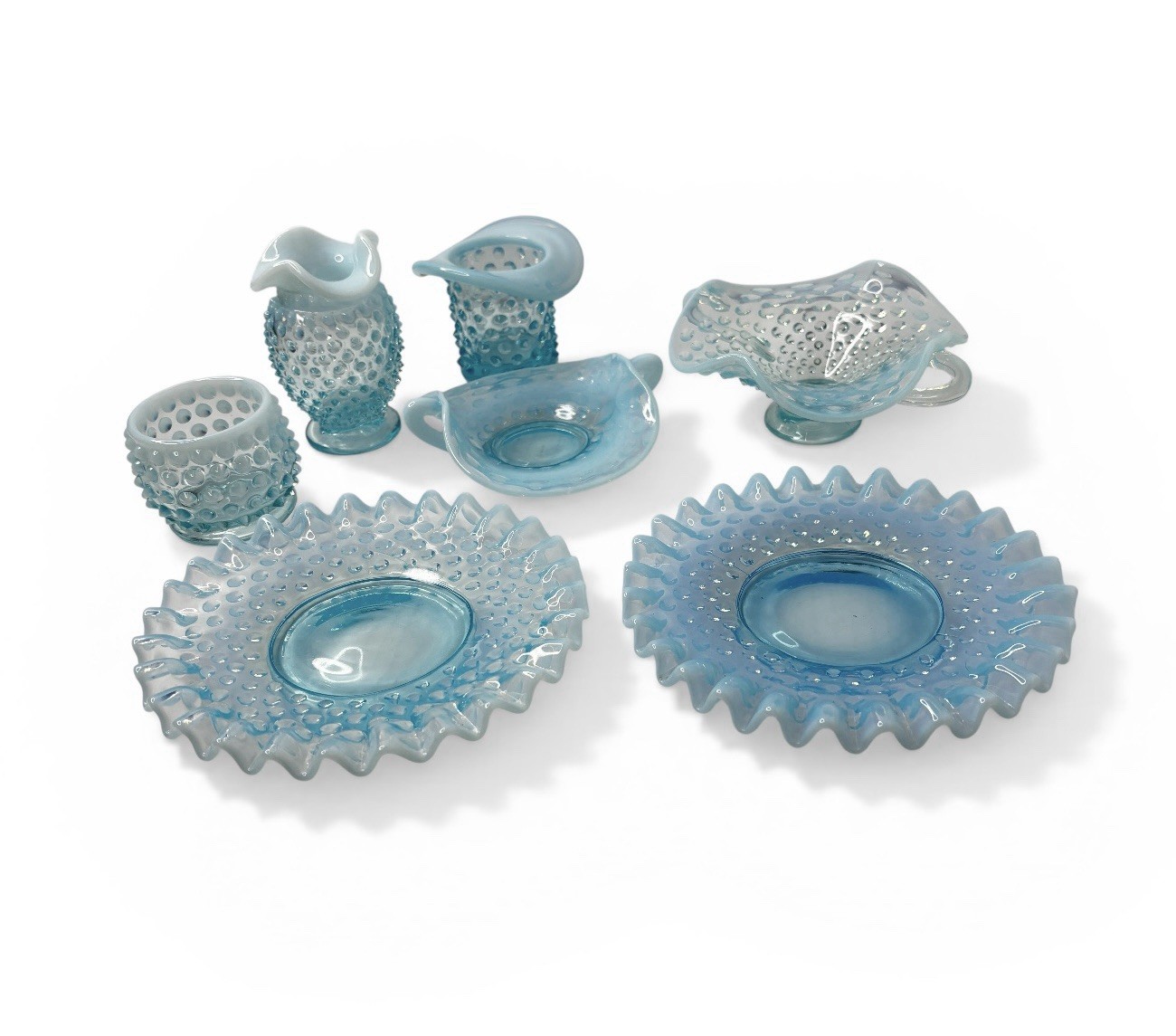 VTG Fenton Blue Opalescent Hobnail 7 pc lot Trinket Candy Dishes Votive Vase USA