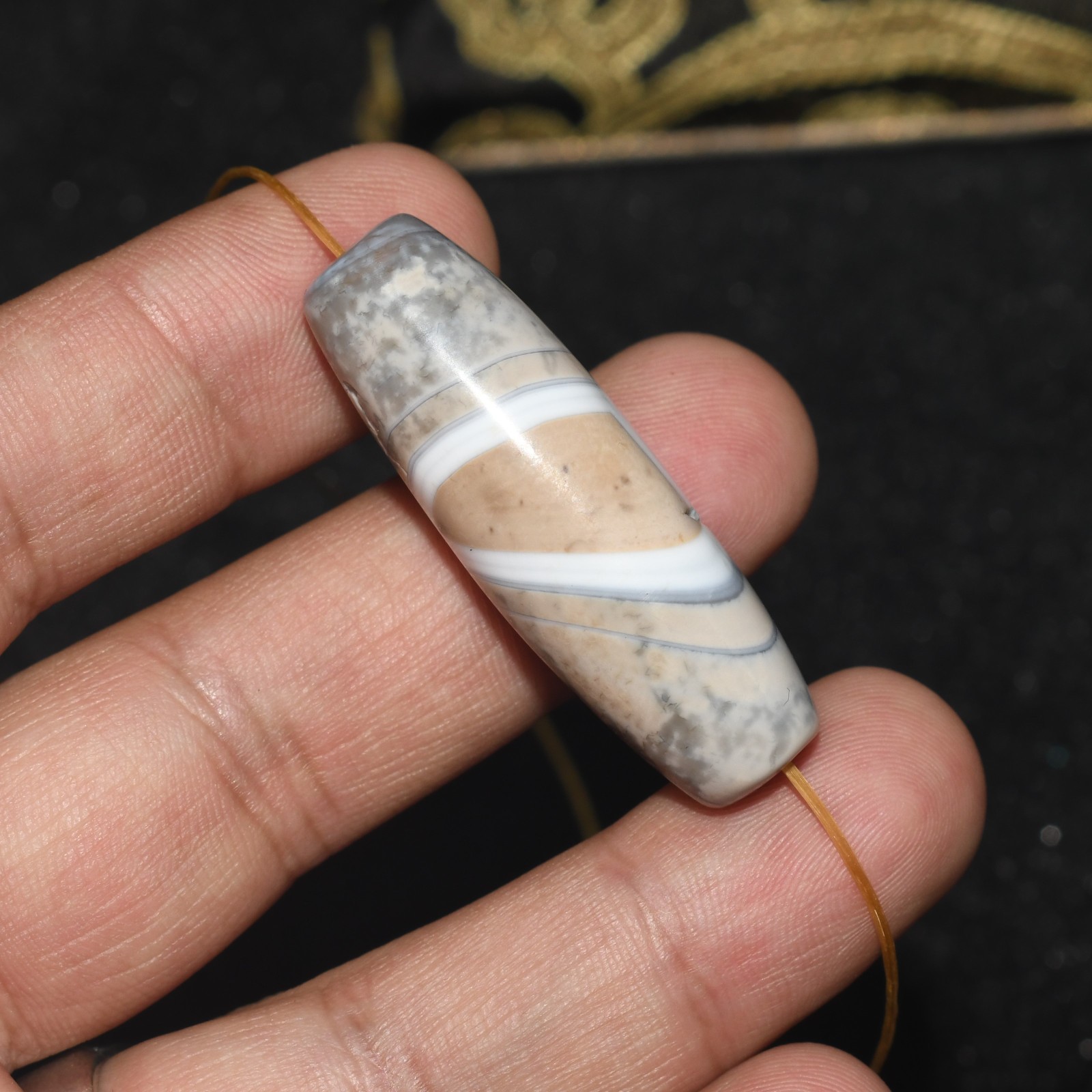 Large Rare Antique Old Banded Agate Stone Bead with Rare Pattern