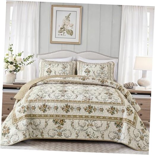  Floral Quilt Set Queen Size, Retro Flower Pattern Quilts Queen(96"x90") Brown