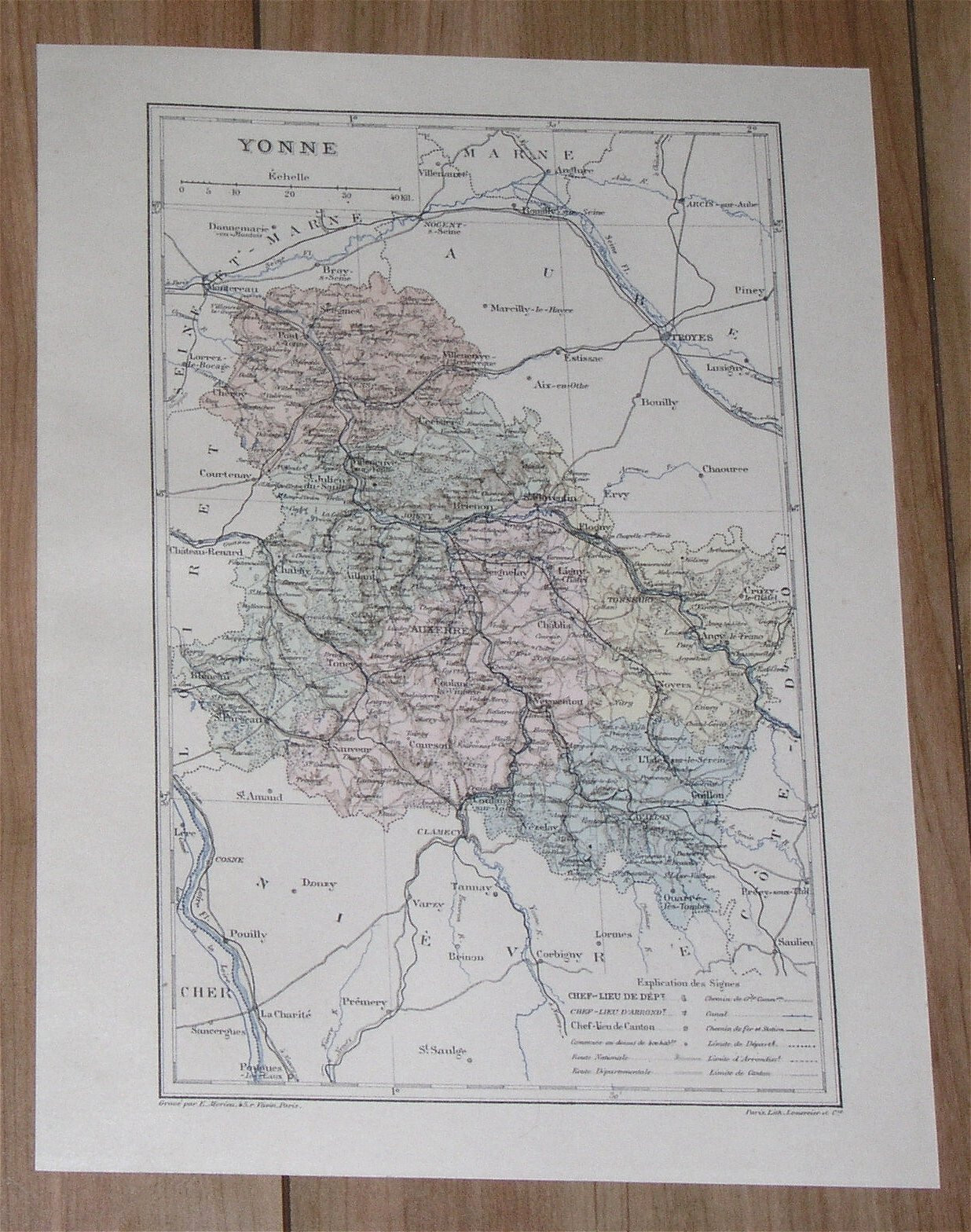 1887 ORIGINAL ANTIQUE MAP OF DEPARTMENT OF YONNE AUXERRE / FRANCE