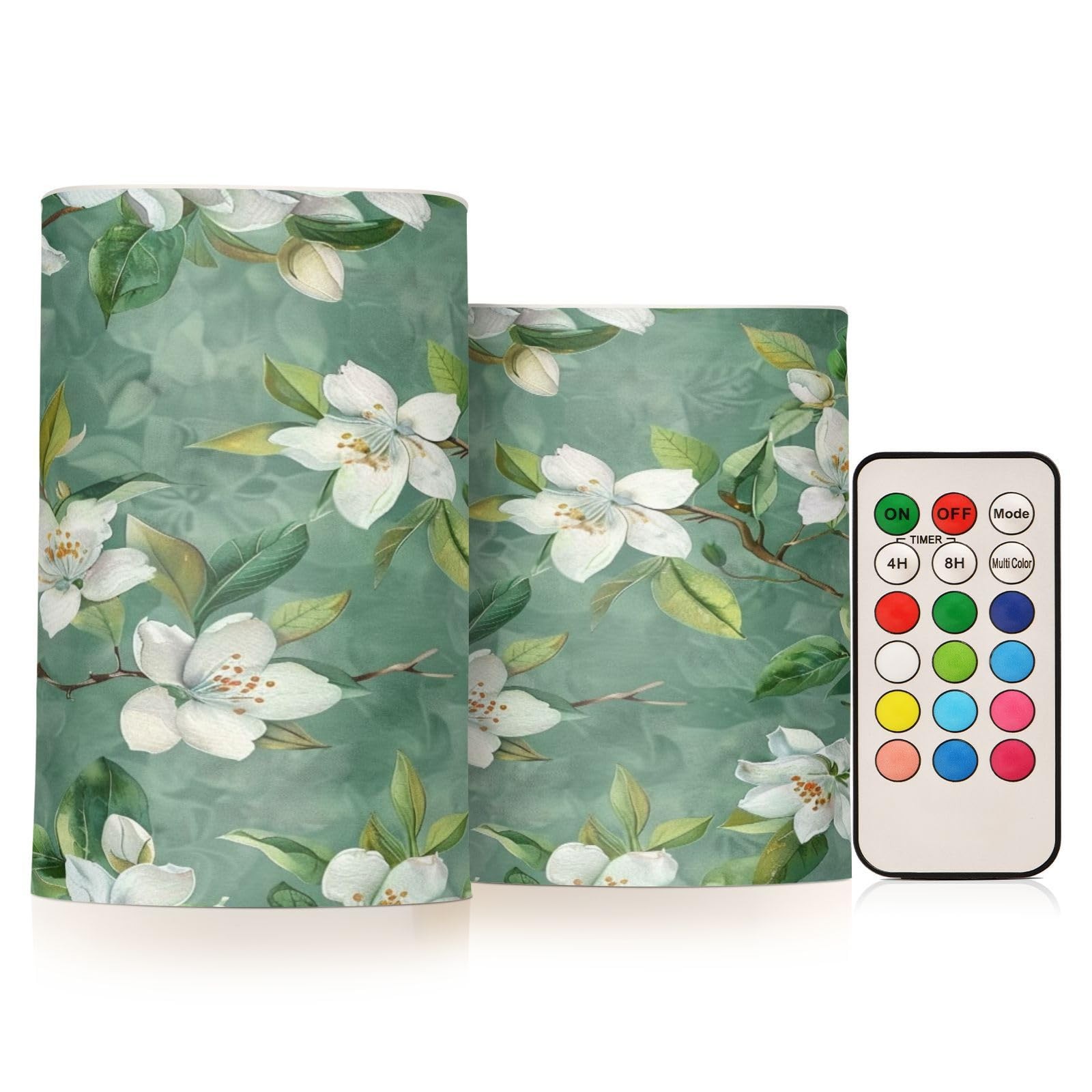 White Magnolia Flowers on Green Flickering Flameless Candles Battery Operated...