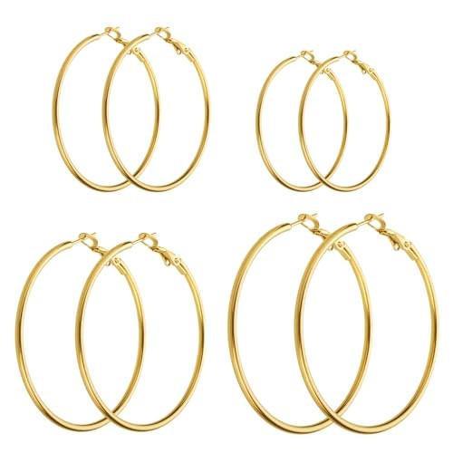 14K Plated Stainless Steel Hoop Earrings - Hypoallergenic, Lightweight, 4 Gold