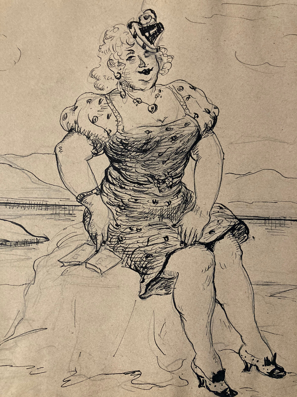 Very Beautiful Ink Drawing 1943 Beach Sea Paper Grotesque Character To Identify