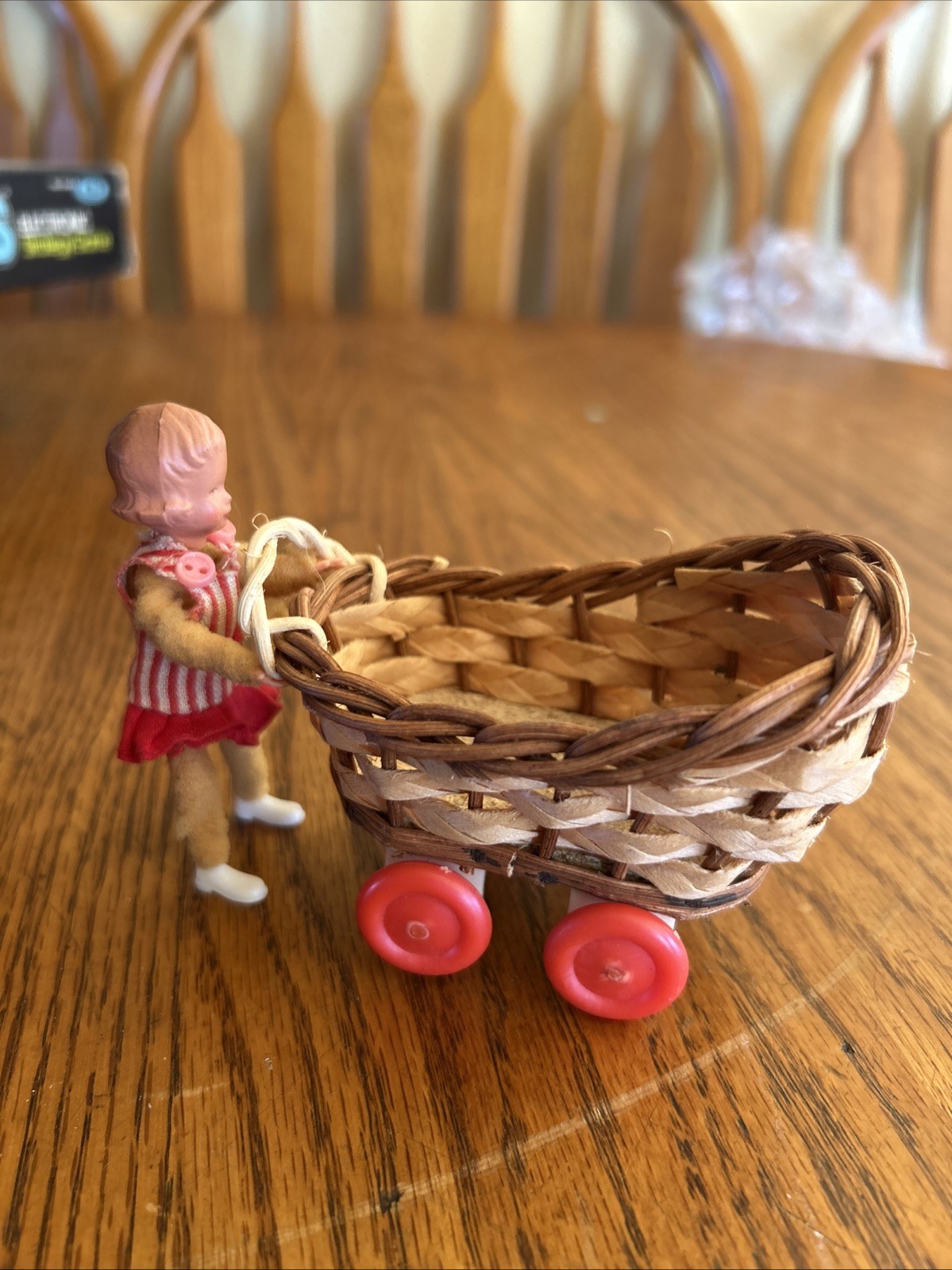 Antique Wicker Baby Carriage Stroller Basket & Pusher Girl Miniature Dollhouse