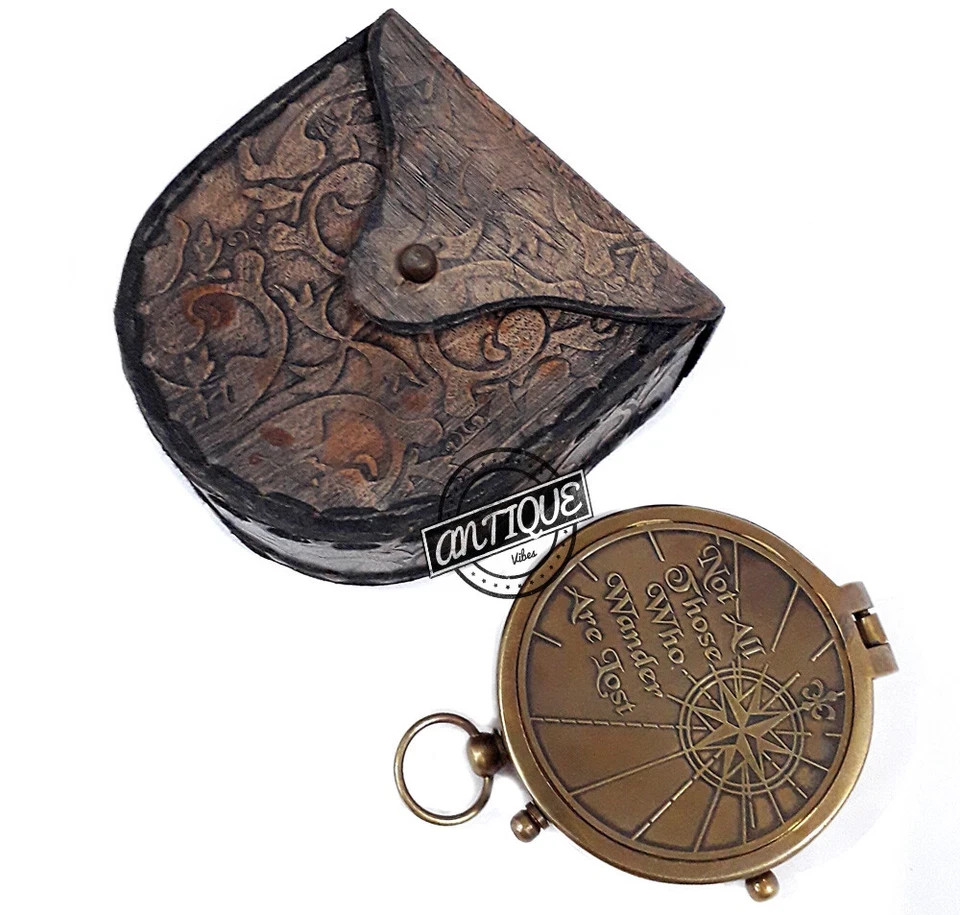 POEM BRASS COMPAS ENGRAVED WORKING NAUTICAL COMPASSES WITH CASE GENUINE LEATHER