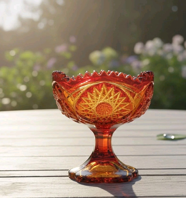 Antique AMBERINA Pressed Glass Compote Dish Stippled Rays Ruffled Ruby Red Yello