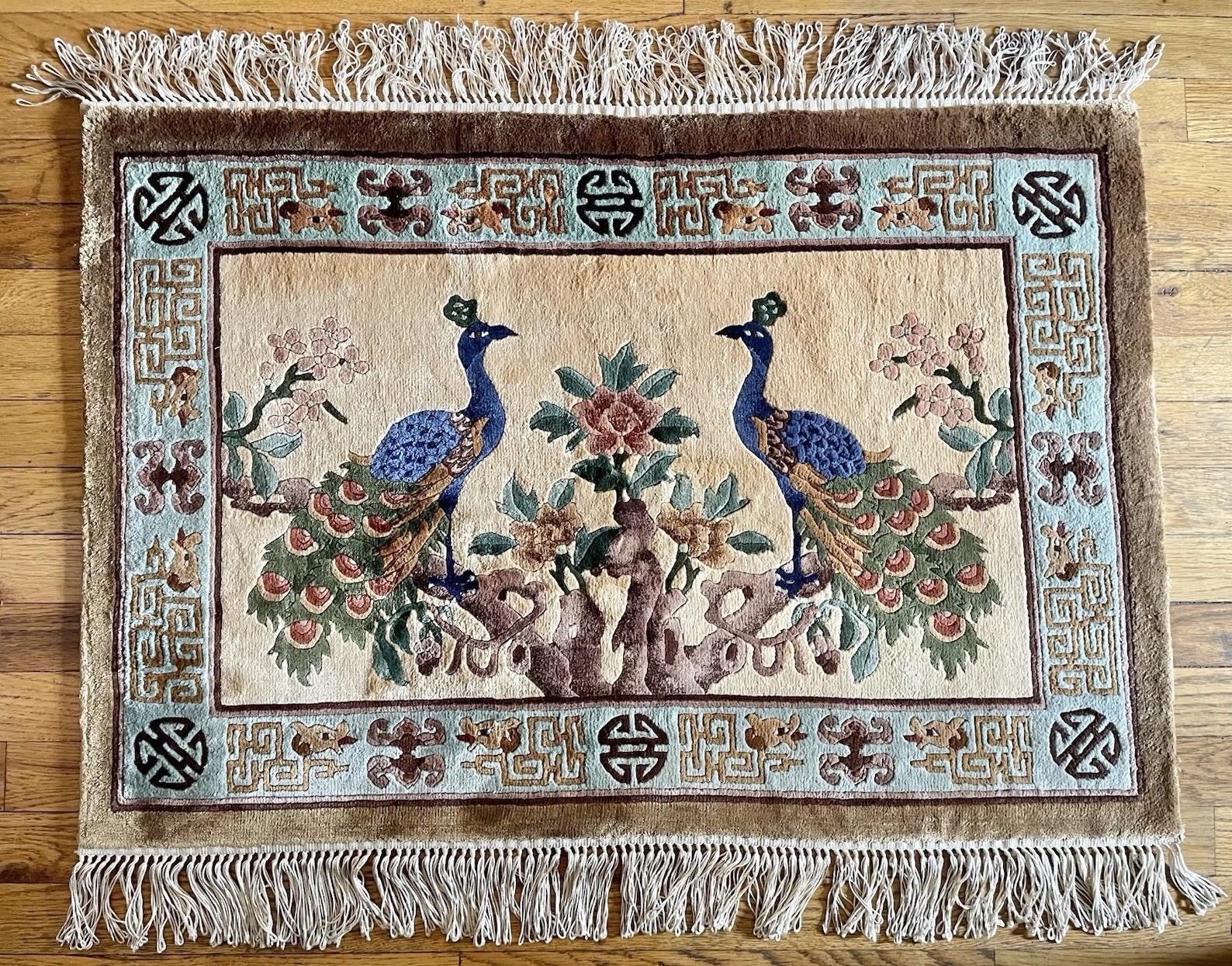 Vintage Peacock Silk Area Rug Asian Chinese 25X 36 Inches Fringe Wall Hanging