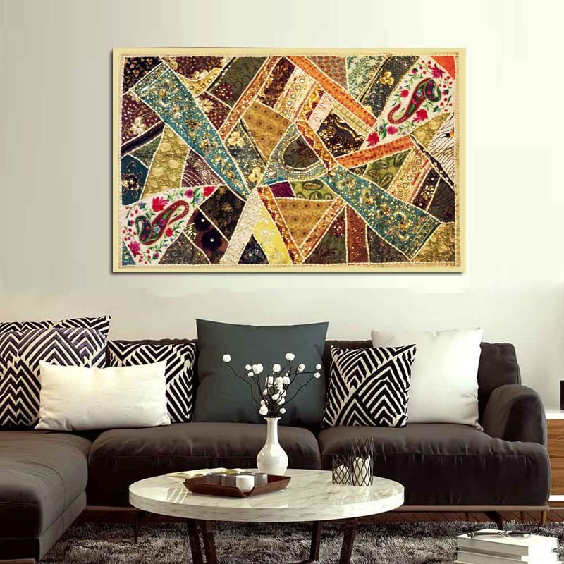 60" STUNNING INDIA ART ETHNIC DÉCOR SARI BEADS SEQUIN LACE WALL HANGING TAPESTRY