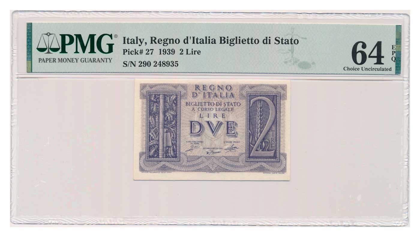 ITALY banknote 2 Lire 1939 PMG MS 64 EPQ Choice Uncirculated