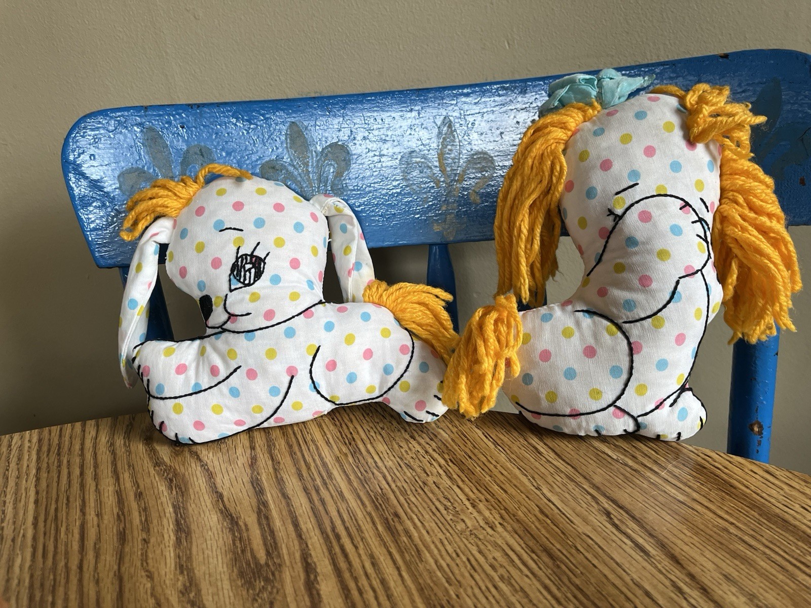 Vtg 1950 - 60’s Handmade Plush Puppy Dog Set of 2 Polk-a-Dots Cute Mod MCM