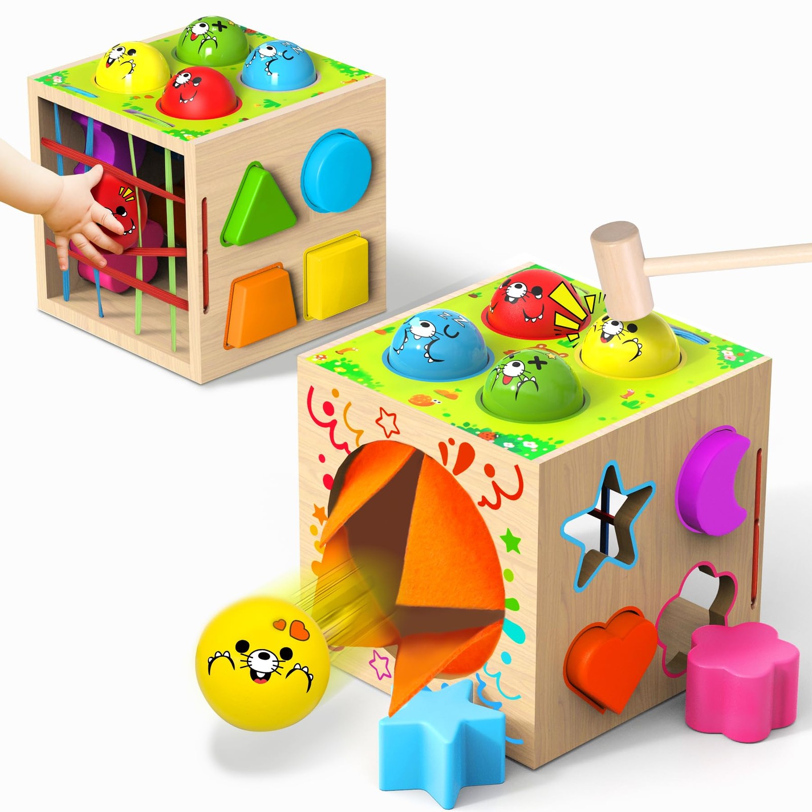 4in1 Montessori Toys for 1+ Year Old  Shape Sorting Activity Cube, Hammer Pou...