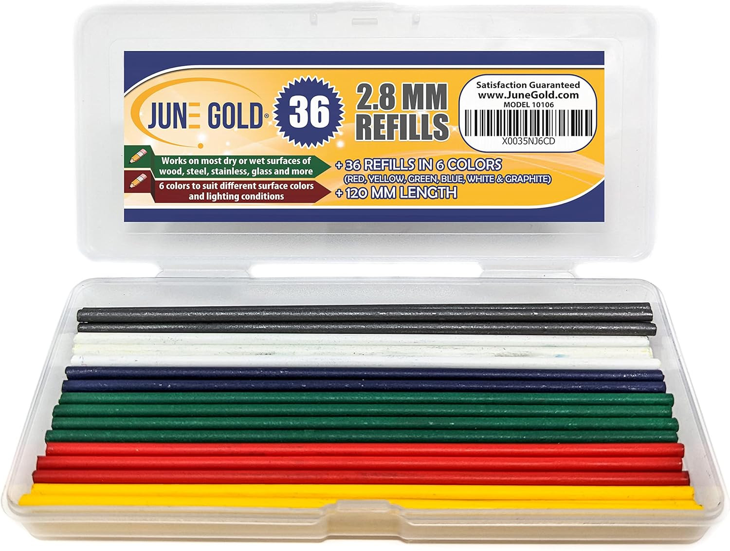 36 Colored 2.8 Mm Lead Refills, 6 Colors, Deep or Long Reach Nose & Nib Pencil R