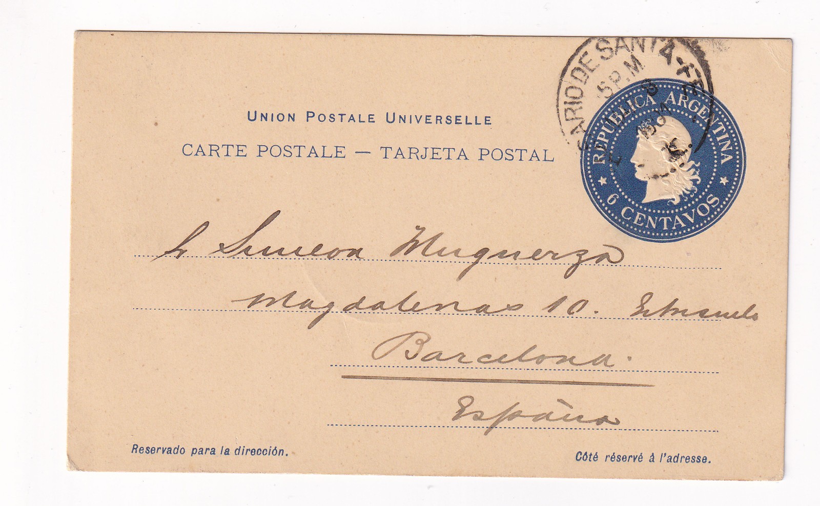 (argentina)1907 6c stationery p.card to spain   x504