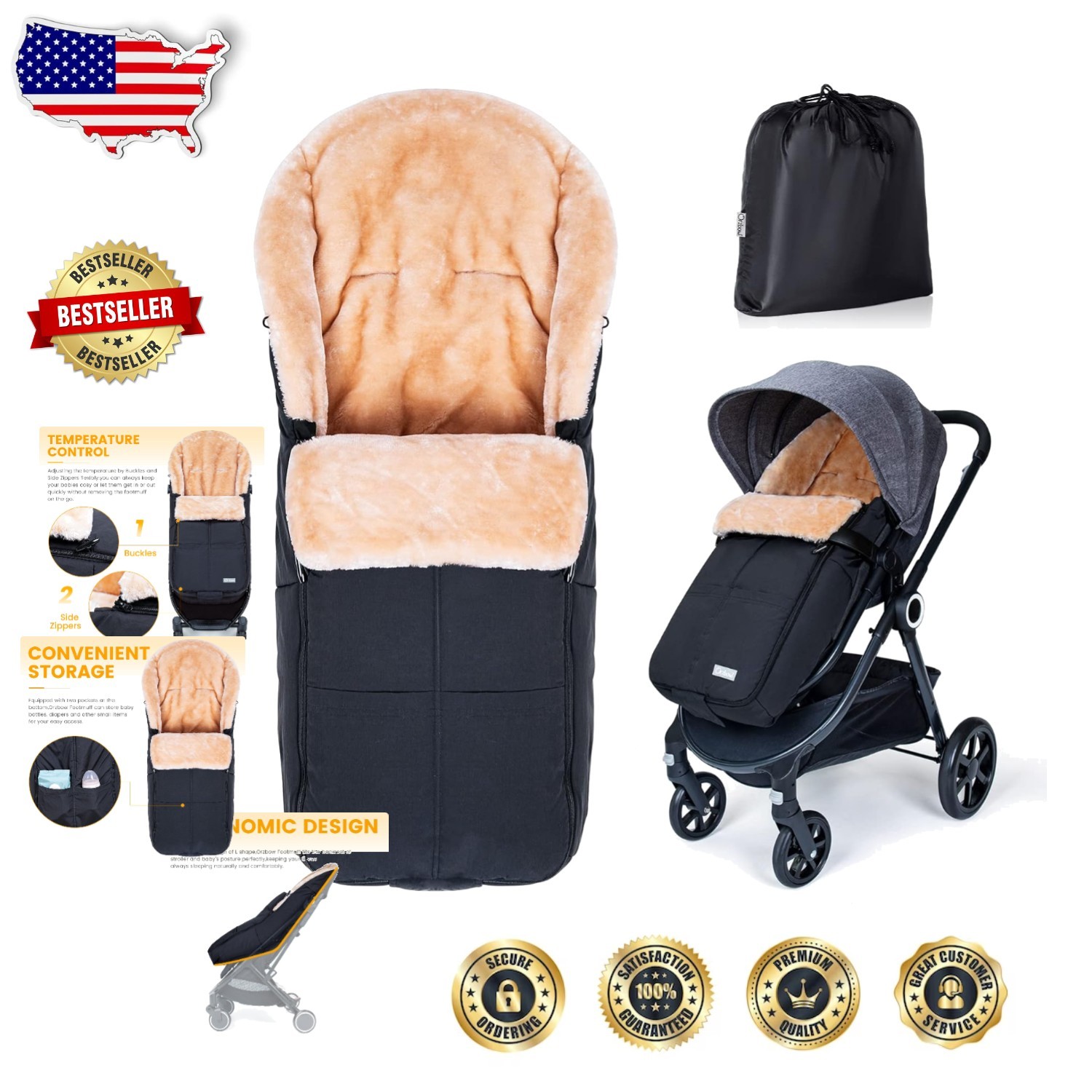Black Stroller Footmuff |  Faux Wool Bunting Bag | Waterproof, Universal Fit
