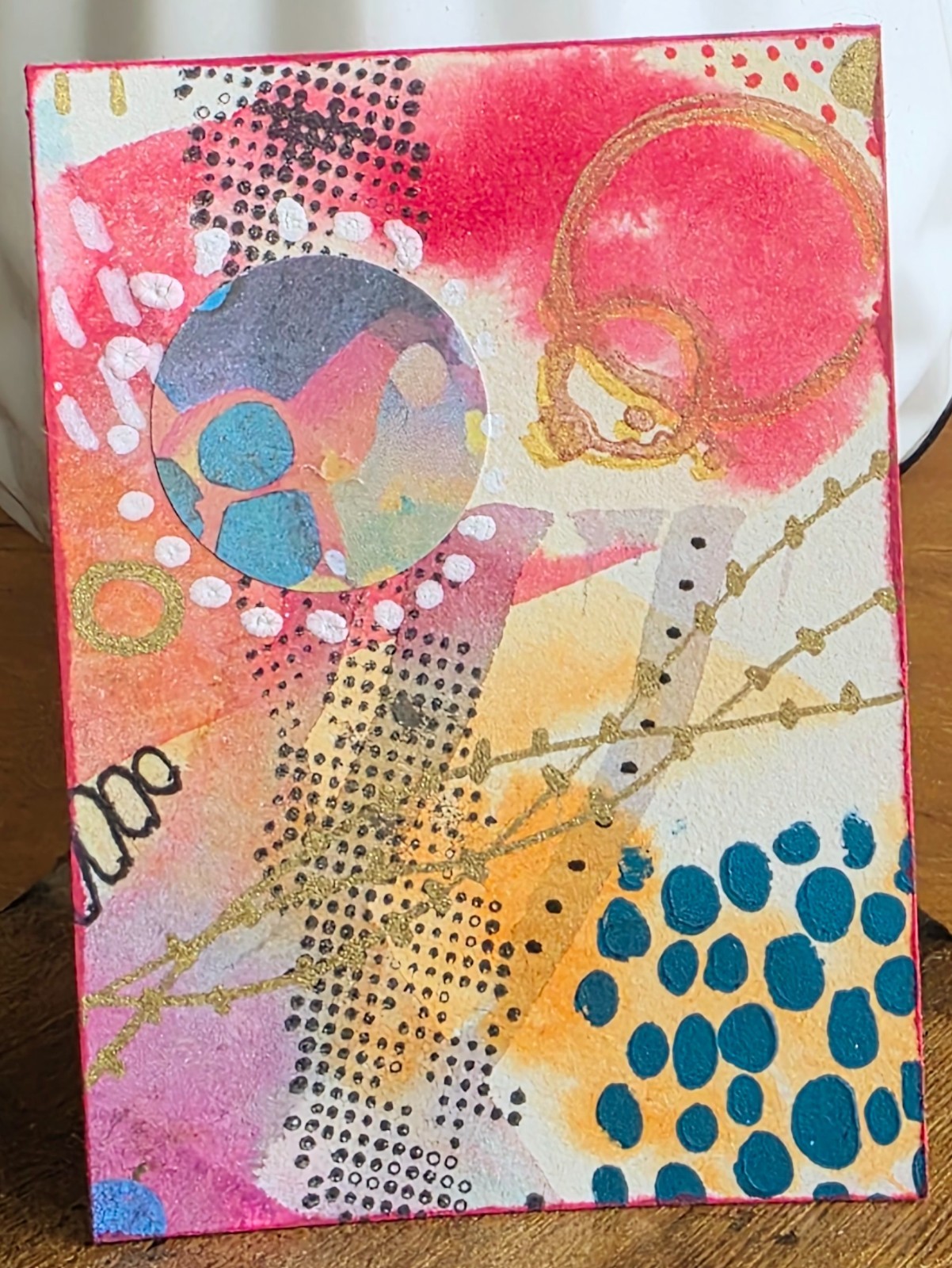 Original ACEO Mixed Media Abstract Art Card Pink Orange Blue Gold Texture OOAK