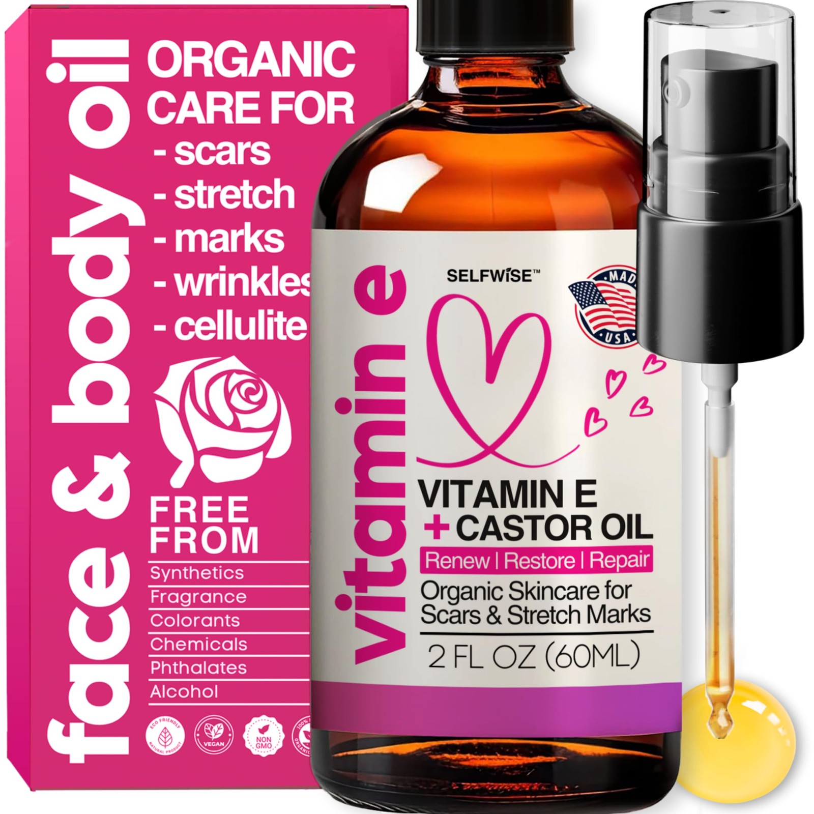 Organic Vitamin E Oil for Scars, Stretch Marks Removal, 2 Fl Oz (Pack of 1) 