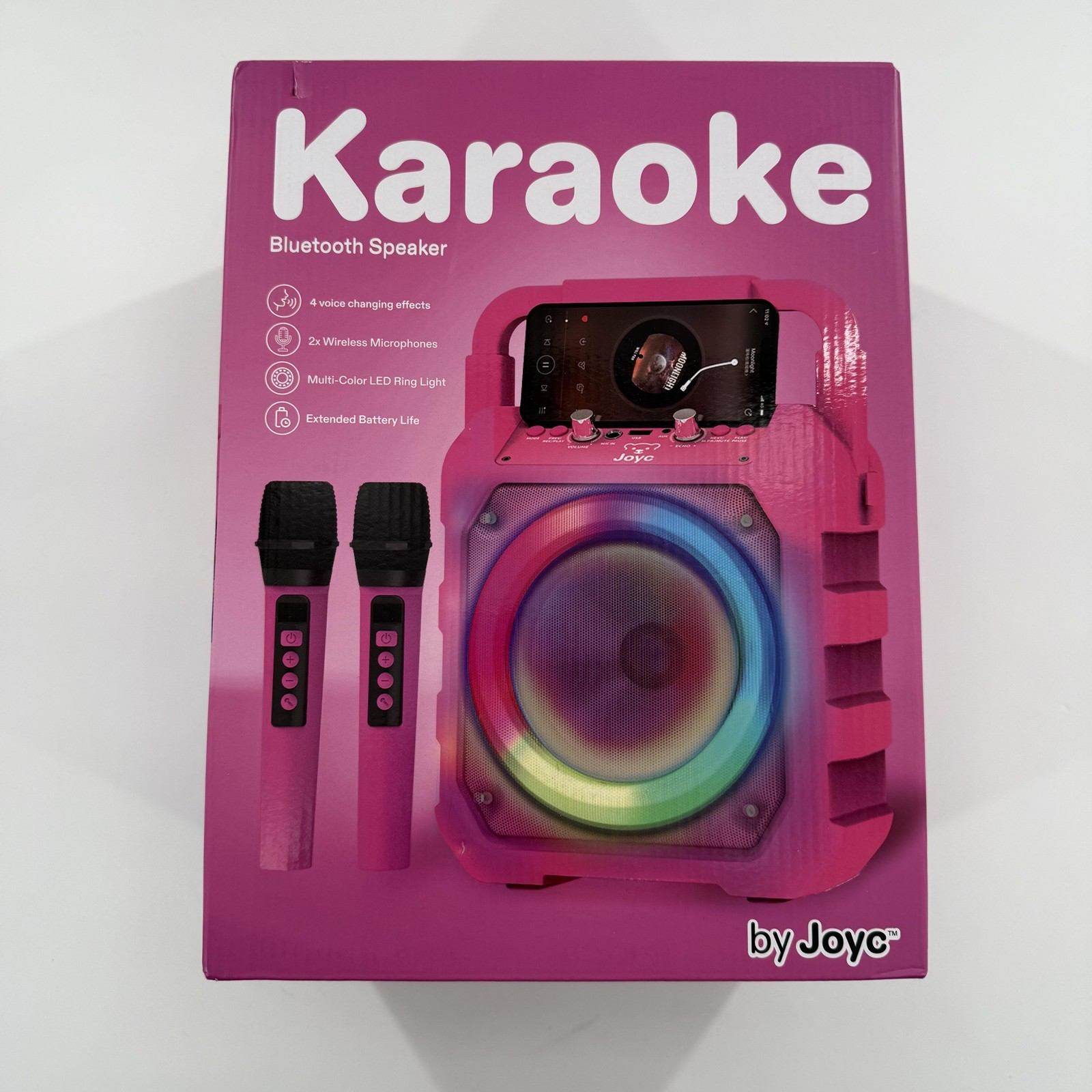 Joyc Pink Portable Karaoke System Bluetooth Speaker 2 Wireless Mics LED Lights