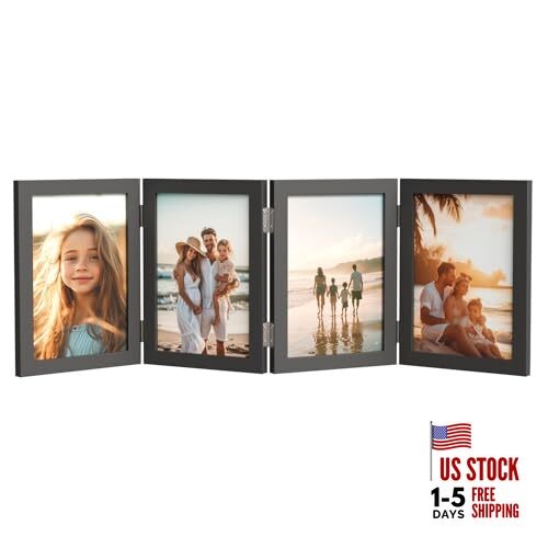  4 Picture Frame, 4x6 Four Folding Hinged Photo 4 Hole Lotus Leaf Frame-Black