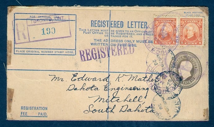 CANADA 10c KGV REG ENVELOPE UPRATED 1928 TO USA