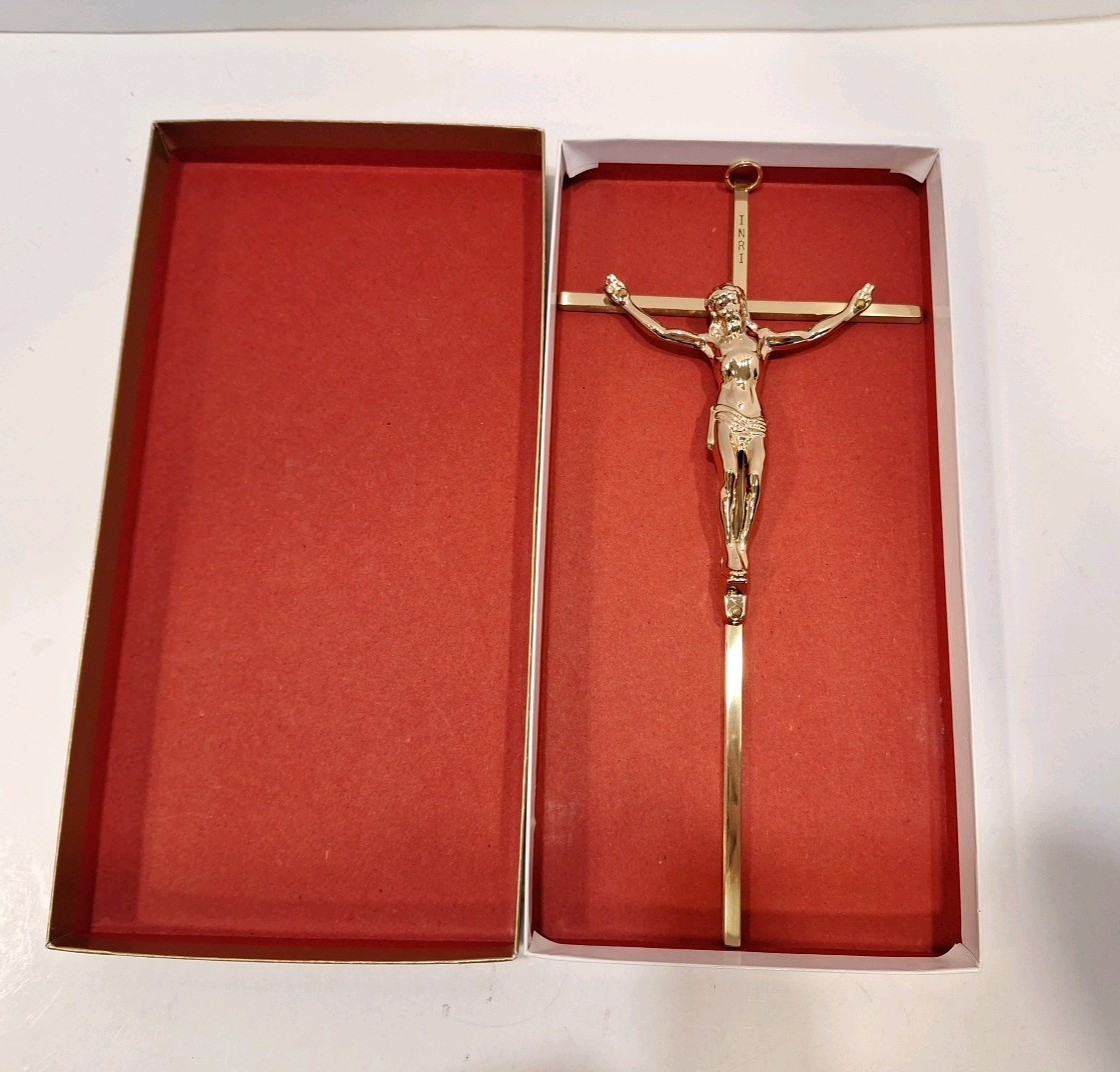 Crucifix 10 Inch Wall Hanging Catholic Jesus Cross New In Box INRI Gold Tone New
