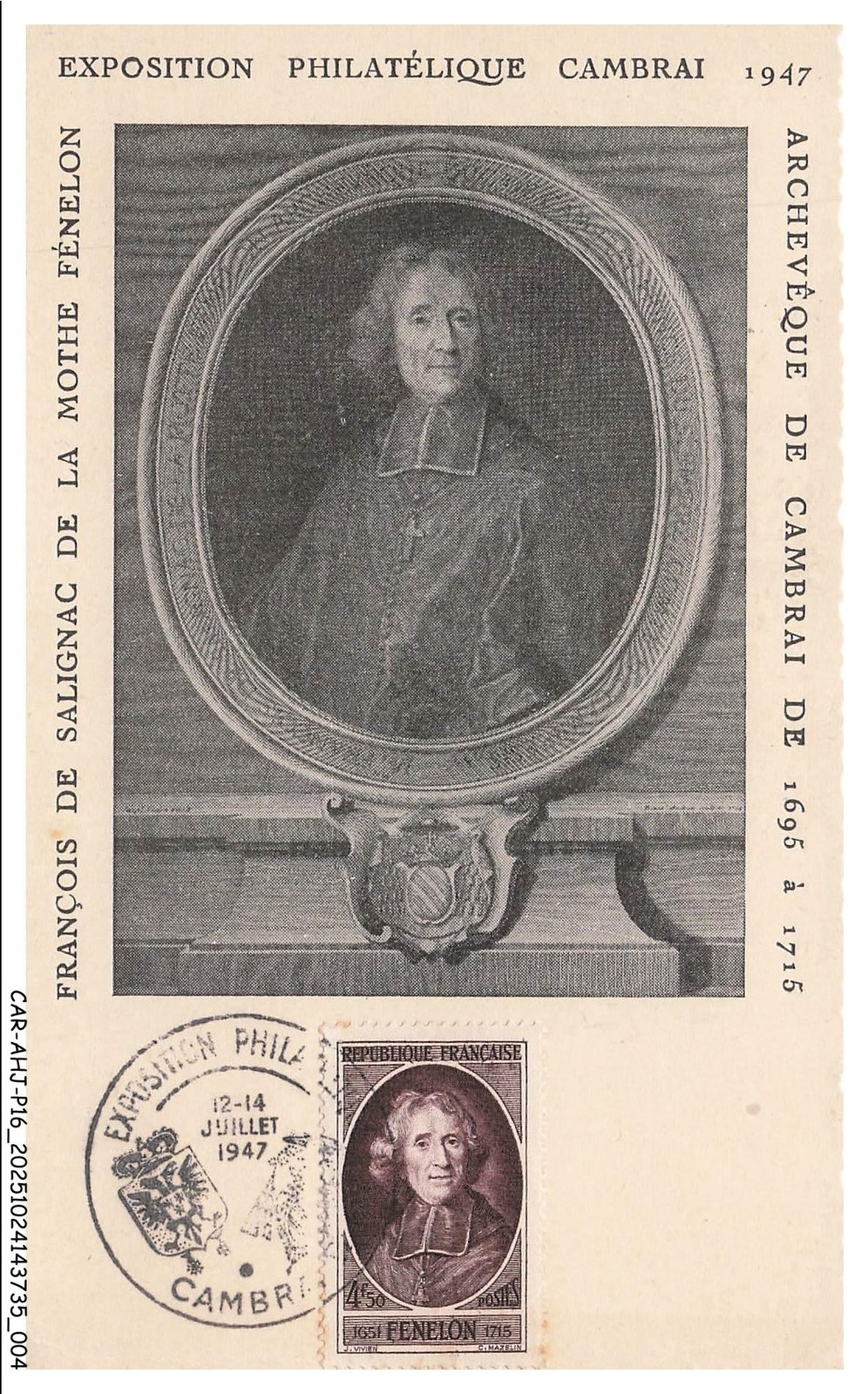 CAR-AHJP16-0761-CARTE-MAXIMUM - Philatelic Exhibition Cambrai - Fenelon - 1