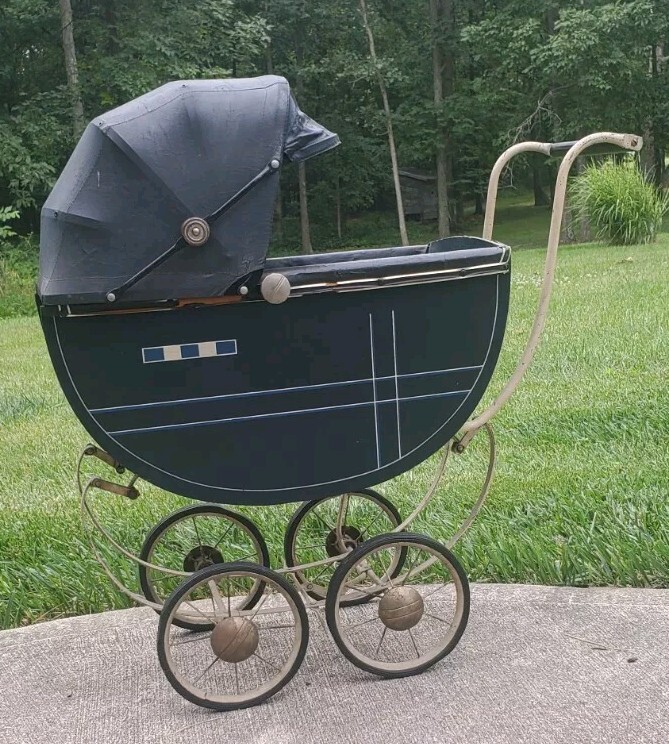 Vintage WHITNEY Wooden Baby Doll Carriage Pram Stroller
