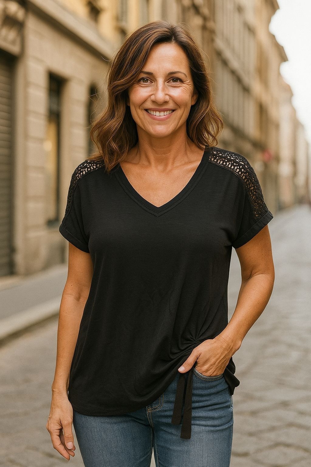 Westbound Crochet Top Shoulder Tie Hem Black M Modal Blend Casual Chic