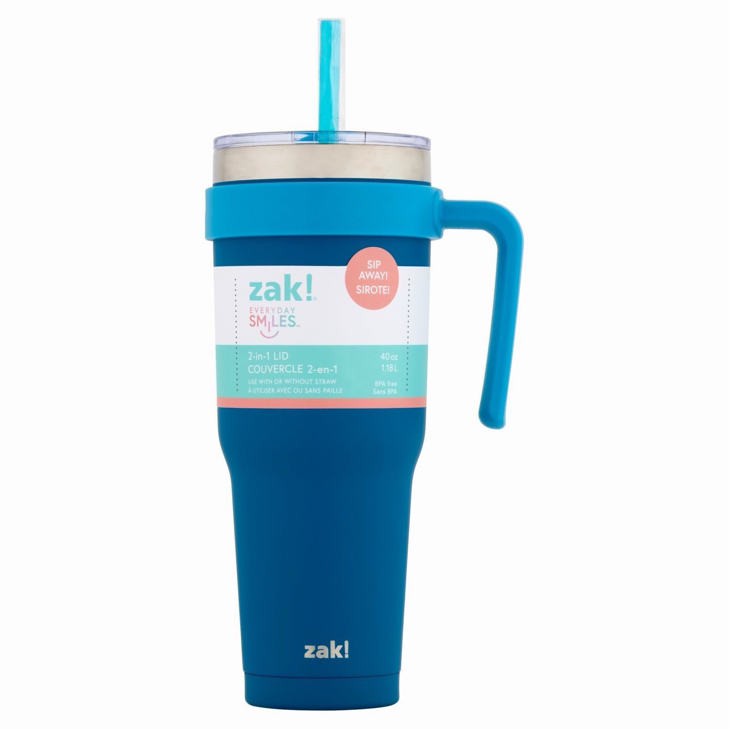 NWT Zak! Everyday Smiles 40 Oz 2-in-1 Lid Tumbler