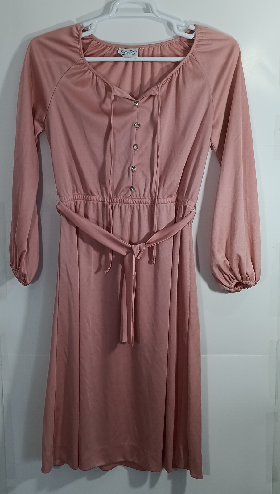 Vintage Leslie Fay Pink Prairie Dress Womens 14 Midi Rhinestone Buttons Cottage