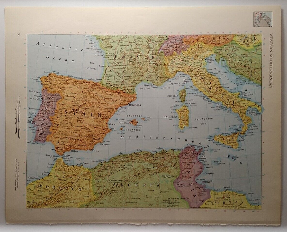 1960's Vintage WEST MEDITERRANEAN Atlas Map - Antique Rand McNally World Atlas