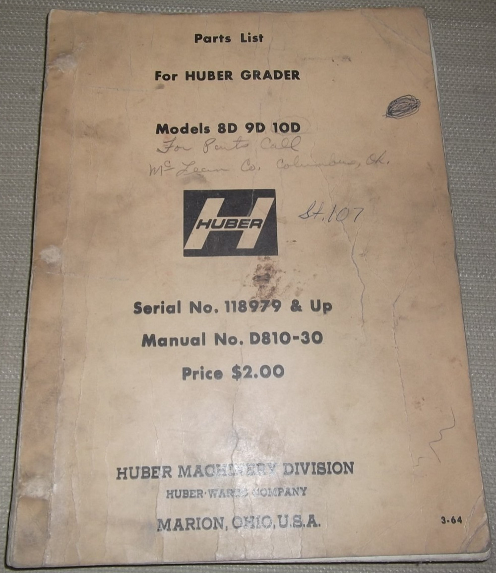 HUBER 8D 9D 10D GRADER PARTS MANUAL BOOK CATALOG