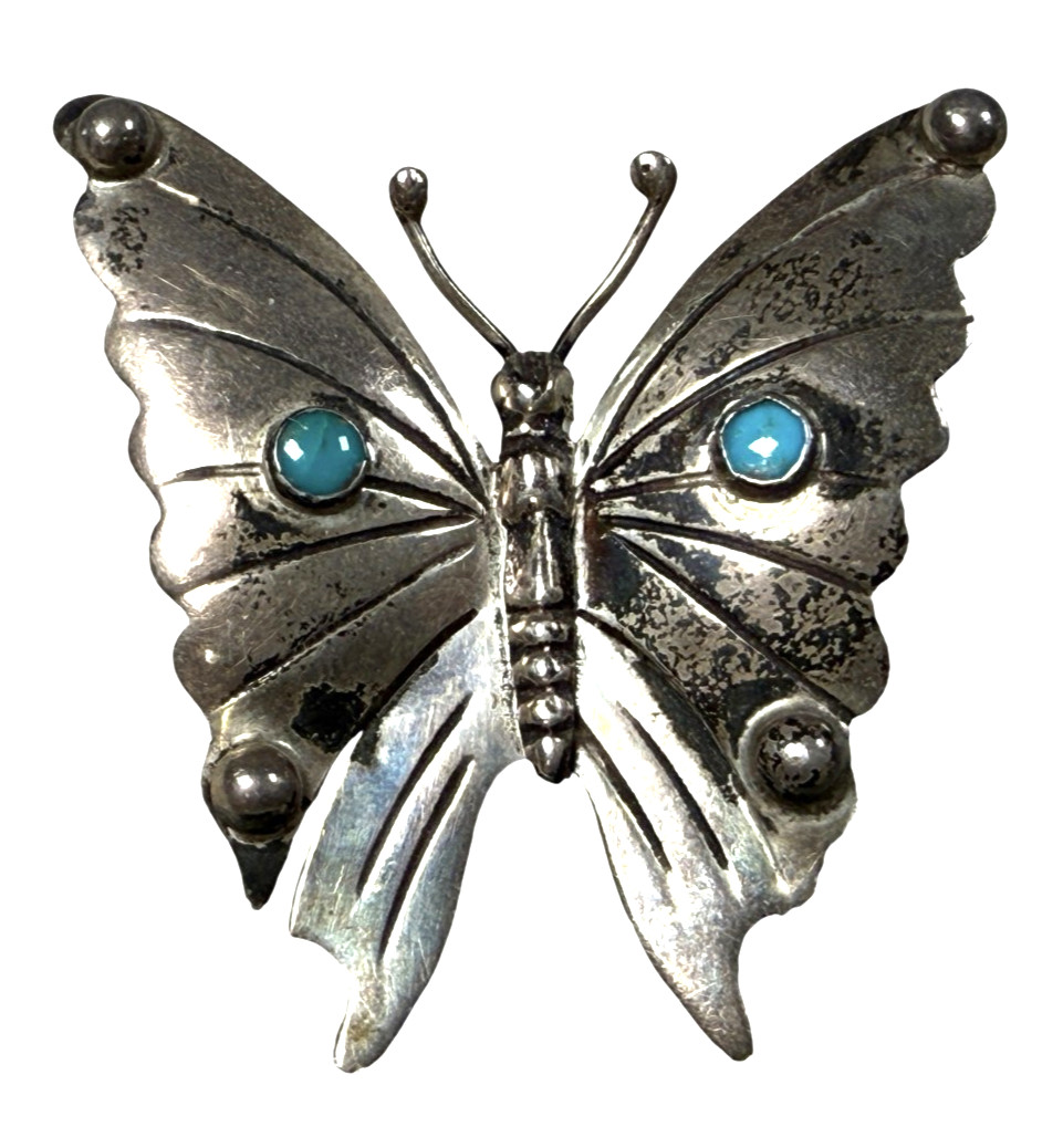 Vintage Mexico sterling silver turquoise butterfly brooch