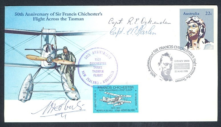 AUSTRALIA 1981 50TH ANNIV LABEL SIGNED TRANS TASMAN FLIGHT