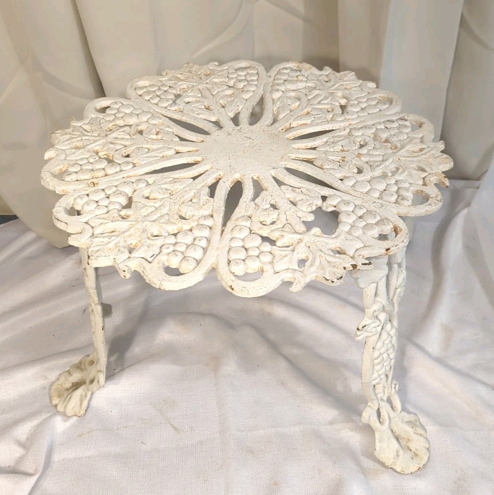 Antique Vtg Cast Iron Garden Side Table White Patina Heavy Grape & Leaf Cottage