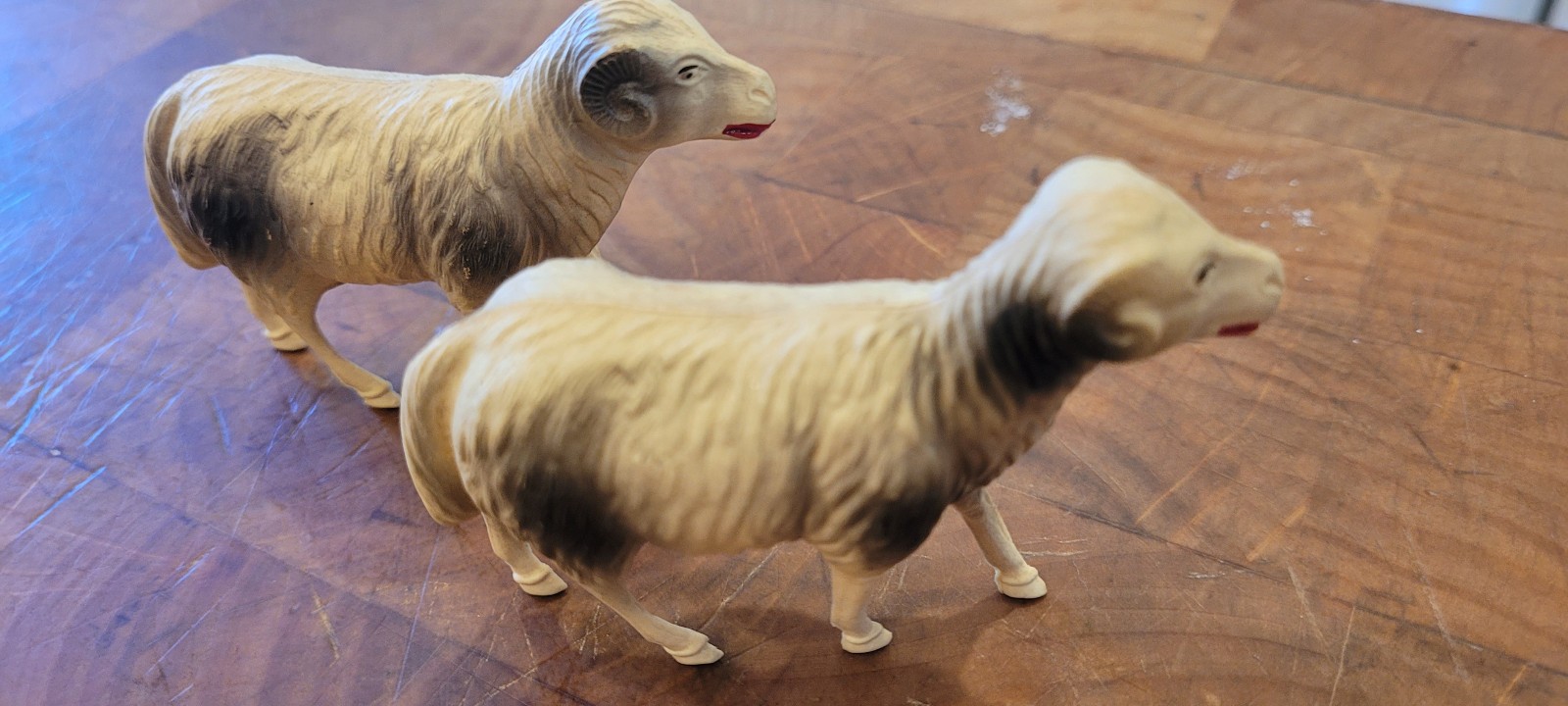 Pair Vintage Celluloid Big Horn Ram Sheep Toy Figures