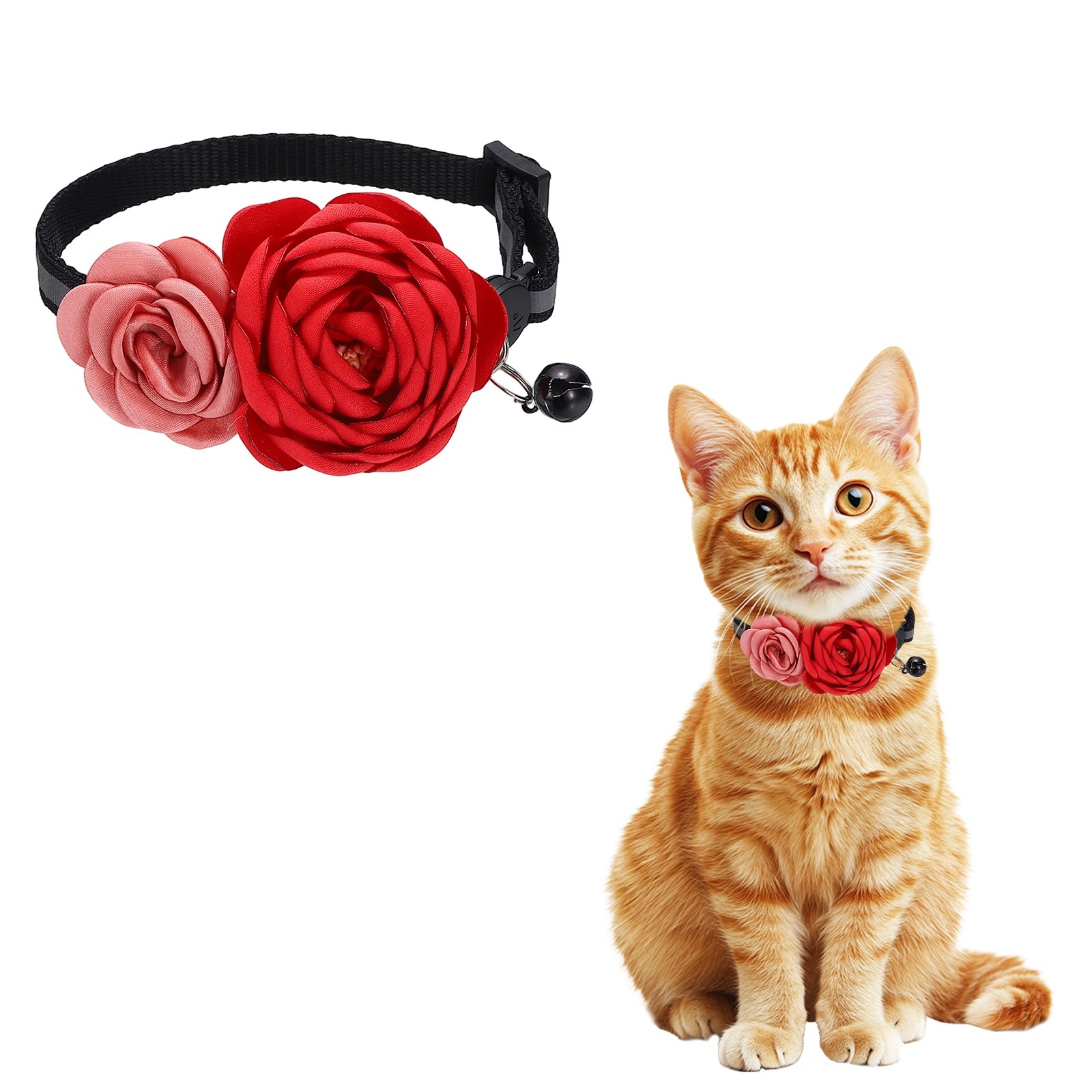 Flower Cat Collar with Bell, Floral Kitten Collar(8.3-11.8Inch, Red Peach)