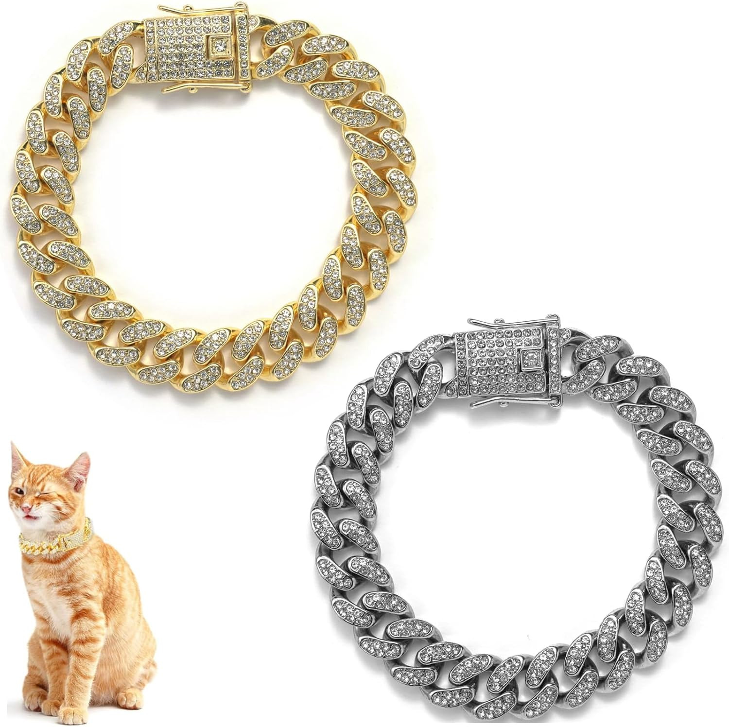 2 Pcs Diamond Cuban Link Kitten Walking Collar with Secure Buckle Pet Rhinestone
