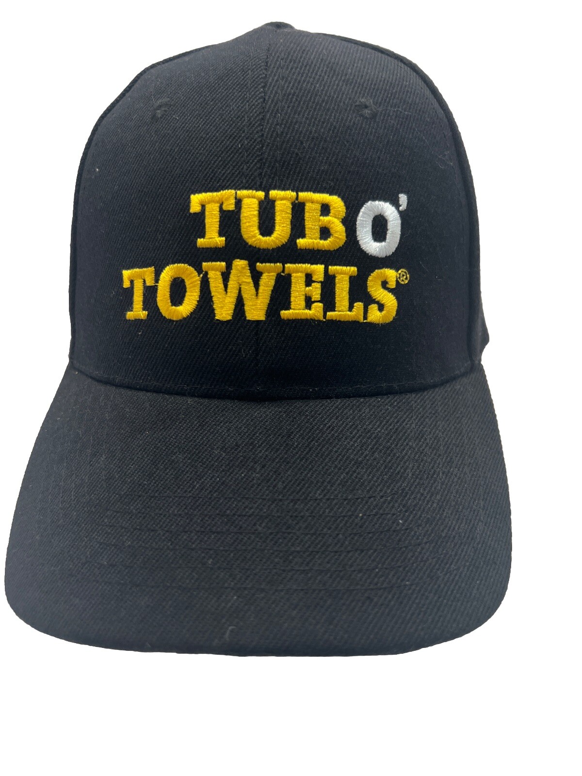 Tub of Towels Black with Gold & White Hat Cap Hook Loop EUC